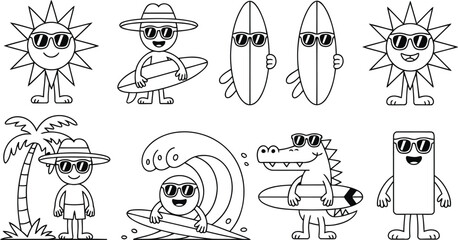Obraz premium Black and White Surfer Icons: A Vector Set of Cute Cartoon Characters, Including the Sun, a Surfer, and an Alligator, with Surfboards and a Wave for Beach-Themed Designs