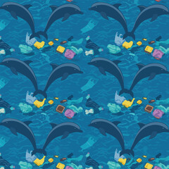 Dolphins swimming amidst ocean plastic pollution, a repeating pattern.
