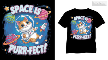 "Space is Purr-fect &ndash; Cute Astronaut Cat with Planets and Rocket T-Shirt Design"