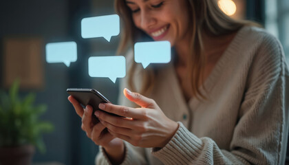 Smiling woman uses smartphone for digital messaging, communication. Interacts with messaging app, sending texts, engaging in online chat. Conveys connectivity, modern technology use for social