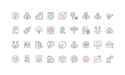 Product development, concept research and market analysis, roadmap line icon set. Product manager team support, data collection and description thin black and red outline symbols vector illustration