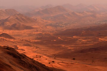 Naklejka premium Vast Crimson Landscape Under Muted Dusty Sky