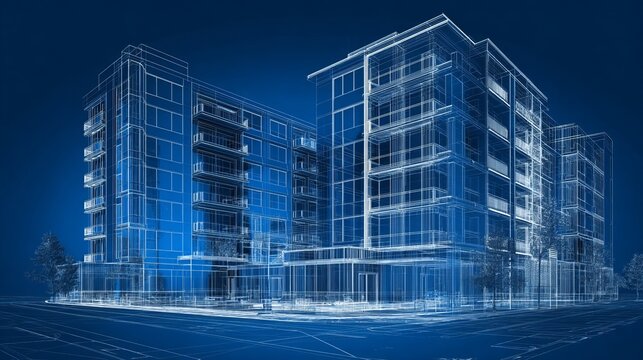 Architectural blueprint of modern residential buildings with elegant design and blue aesthetic - Powered by Adobe