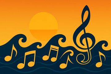 Musical notes flow like ocean waves at warm sunset, abstract vector background ideal for covers, posters, playlists.