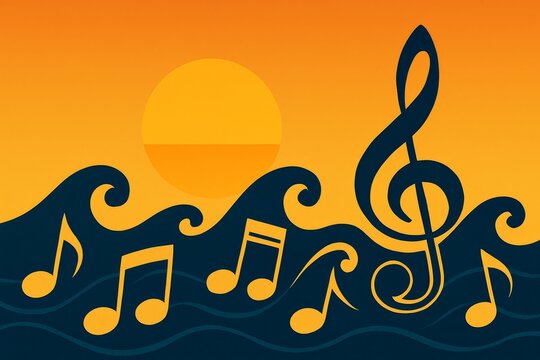 Musical notes flow like ocean waves at warm sunset, abstract vector background ideal for covers, posters, playlists. - Powered by Adobe