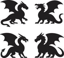 Four black dragon silhouettes isolated on white background