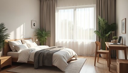 Modern bedroom interior with cozy bed, white linens and grey blanket. Wooden furniture, desk with laptop and plant by window. Natural light streams through sheer curtains, creating peaceful ambiance.