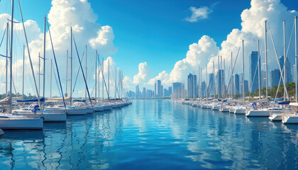 Sailing boats docked in sunny marina harbor with reflective blue water. Modern city skyscrapers rise against bright blue sky with white clouds. Scene blends urban architecture with nautical