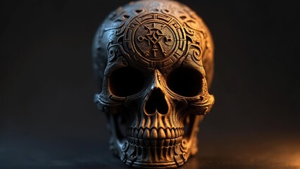 Ancient Relic: A Mystical Skull Carved with Esoteric Symbols and a Forehead Sigil.