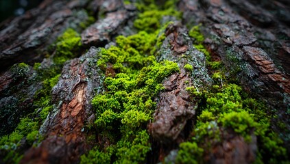 Verdant Canopy on Textured Wooden Bark Surface