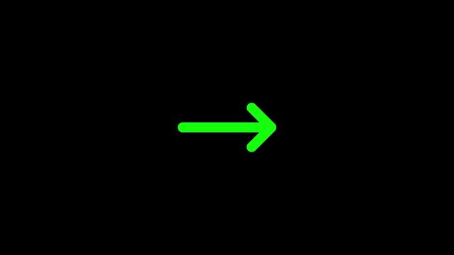 Animated glowing green right arrow icon on black background, seamless loop, modern navigation animation, digital direction symbol, move forward, next, user interface, technology, pointer concept