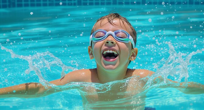 Joyful Child Swimming in Pool, Splashing Fun, Summer Water Activities - Powered by Adobe