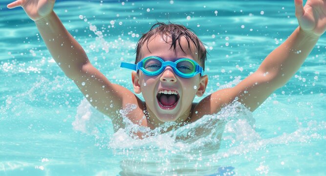 Joyful Child Swimming in Pool, Splashing Water Fun