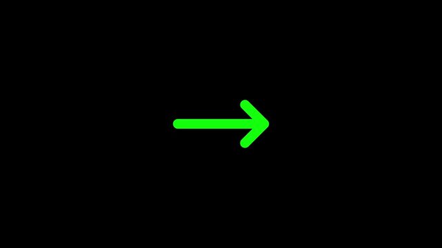 Animated glowing green right arrow icon on black background, seamless loop, modern navigation animation, digital direction symbol, move forward, next, user interface, technology, pointer concept