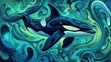Abstract orca whale swimming in swirling ocean.