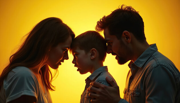 Family conflict with parents arguing, child caught between. Mother, father express anger towards son. Sad child between parents in stressful home environment. Represents family issues, divorce, need