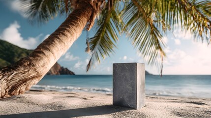 A weathered stone monument stands on a sandy beach under a leaning palm tree with the ocean and sky in the background