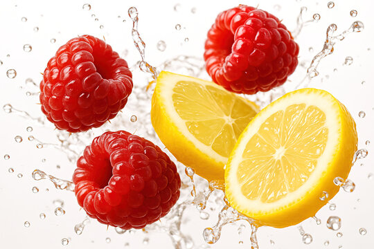 Raspberries and Lemon Slices in Water Splash
