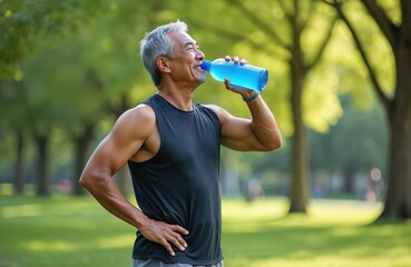 Mature Asian man enjoys refreshment, drinking water from blue bottle after outdoor workout in park. Grey-haired, athletic build, enjoys healthy lifestyle, fitness, and physical activity.