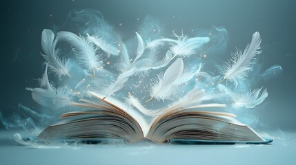 Open book with floating ethereal feathers