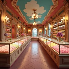 Obraz premium Elegant candy store interior with colorful sweets displayed in glass cases. Ornate shelving holds jars of treats. Pastel pink floors, sky-themed ceiling with clouds create whimsical atmosphere.