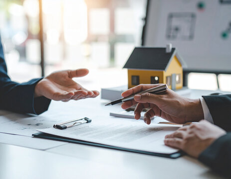 Real Estate Deal: Agent Offering Pen for Contract Signing with House Model