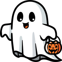 Happy Halloween Ghost with Pumpkin Candy Bucket – Cute Flat Cartoon Vector Isolated on White