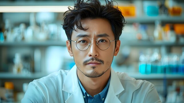 Thoughtful Asian scientist with an analytical gaze