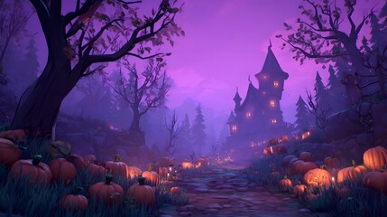 Enchanting halloween night scene with a spooky castle and glowing pumpkins lining a misty forest path under a purple sky