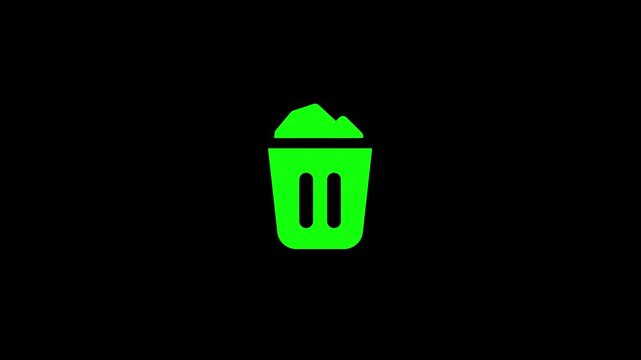 Animated glowing green trash bin icon on black background, seamless loop, modern delete animation, digital garbage can, remove, recycle, waste management, user interface, technology, cleanup concept