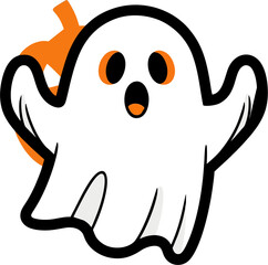 Surprised Halloween Ghost with Pumpkin – Cute Flat Cartoon Vector Illustration Isolated on White