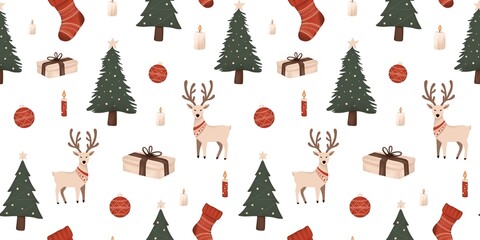 Stoffe zum Nähen New Year's seamless pattern with a Christmas tree, deer, gifts and holiday decorations, Christmas, white background