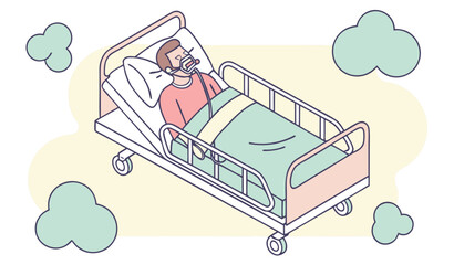 Severely ill patient lying on a hospital bed and breathing with the help of a ventilator. Lung disease treatment concept. Cartoon isometric vector illustration                       