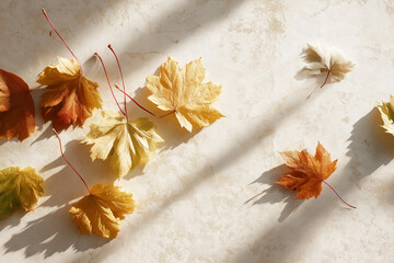Autumn Maple Leaves with Shadows on Neutral Background