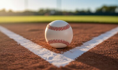 New Baseball on Infield Chalk Line at Sunset