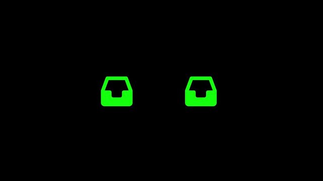 Animated glowing green inbox and outbox icons on black background, digital mail management, seamless loop, modern email folder animation, communication, data transfer, technology, workflow concept