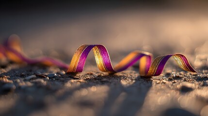Obraz premium A ribbon, with hues of gold and purple, lays on the sand.