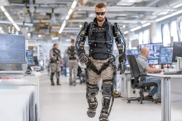 Soldier walks using a powered exoskeleton suit inside a research laboratory, potentially enhancing strength, endurance, and mobility for military applications