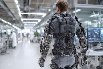 Engineer wearing a powered exoskeleton suit is walking in a high tech futuristic factory, showcasing the advancements in robotics and human augmentation