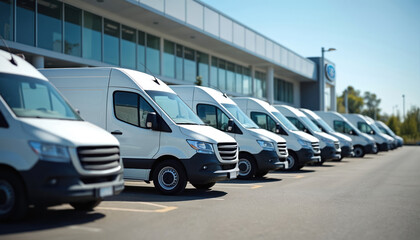 Lineup of white commercial vans parked in dealership lot under clear blue sky. Vehicles represent fleet management, logistics, delivery services, ready for business operations. Ample copy space