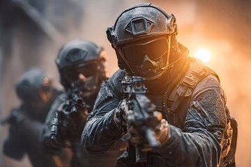 Fototapeta premium Group of heavily armed special forces soldiers advancing through smoky ruins in a hostile urban environment, tactical gear and weapons visible