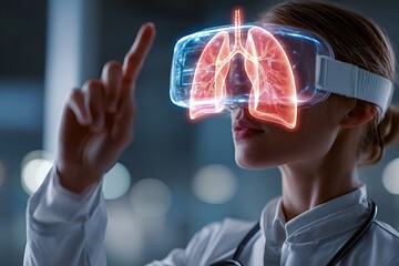 Female doctor wearing vr headset is exploring a 3d model of human lungs, interacting with futuristic medical interface using augmented reality technology in modern hospital operating room