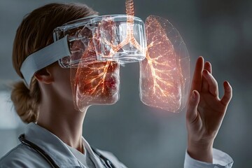 Medical practitioner wearing vr headset interacting with holographic projection of human lungs, exploring innovative diagnostic tools in healthcare and medical technology