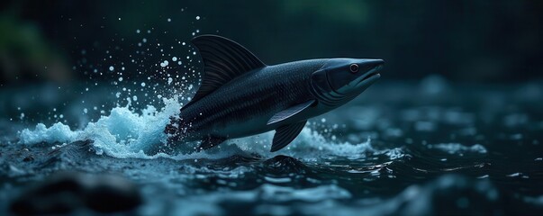 Fototapeta premium Razor-sharp fin cuts across pitch-black water, marine life, silhouette