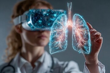 Medical practitioner wearing virtual reality headset is examining holographic image of human lungs, utilizing innovative technology for advanced diagnostics and treatment