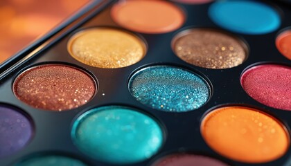 Naklejka premium Eyeshadow palette displays vibrant colors like blue, orange, pink. Close-up shows arrangement of glossy eyeshadow pans in warm, cool tones. Perfect for makeup artists, beauty bloggers, cosmetic