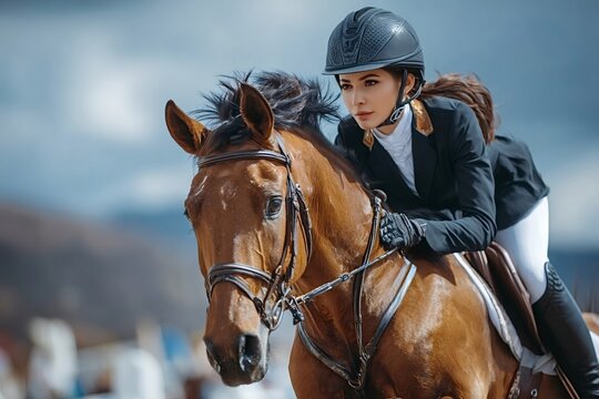 Professional female jockey riding a stunning sorrel horse during an exciting equestrian competition, showcasing exceptional skill and control while wearing a helmet and uniform
