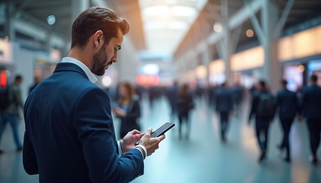Businessman checks smartphone in busy convention center hall. Attending trade show, this man connects with others in crowd. Modern indoor setting emphasizes professional networking and communication. - Powered by Adobe