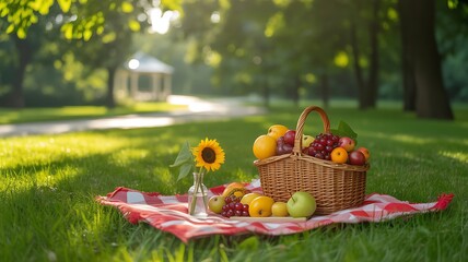 A rustic woven picnic basket filled with fresh fruit on a blanket in a grassy park, a joyful summer scene