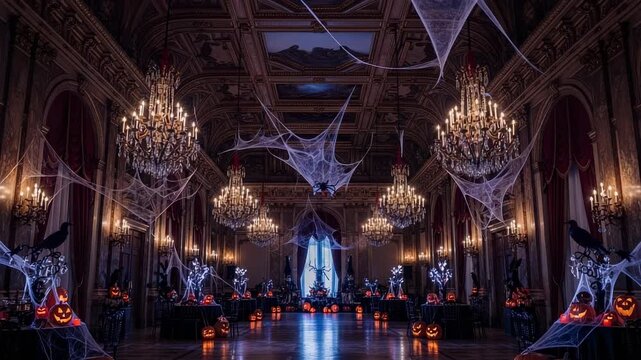 Grand Ballroom Decorated for a Spooky Halloween Gala. Haunted Mansion Interior with Chandeliers, Pumpkins, and Spiderwebs.